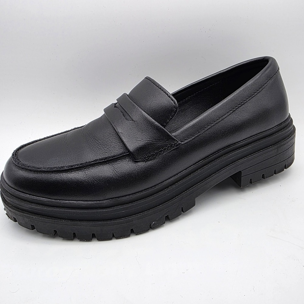 Quince Black Leather Lug Sole Penny Loafers